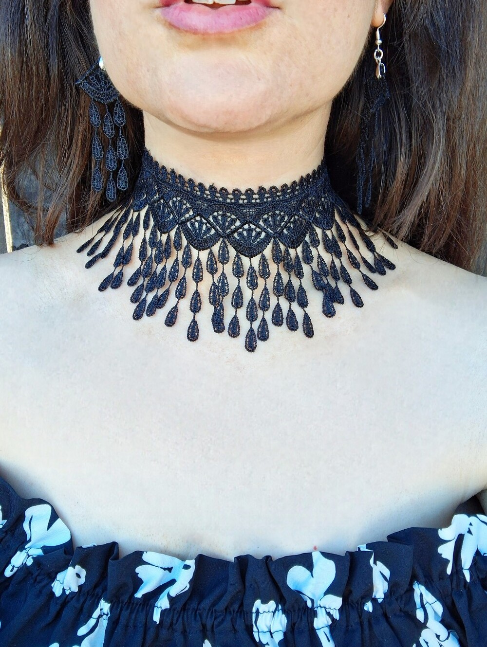 Handmade Black Lace Choker Necklace & Matching Earrings Art Deco Boho Vintage